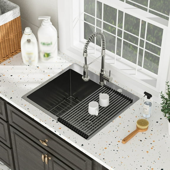 Stainless Steel Kitchen Sink Laundry Sink Drop In - 25" x 22" x 12" Laundry Utility Sink 16 Gauge Stainless Steel Drop In Topmount Gunmetal Black 12 Inch Deep Single Bowl Above Counter Utility Laundr