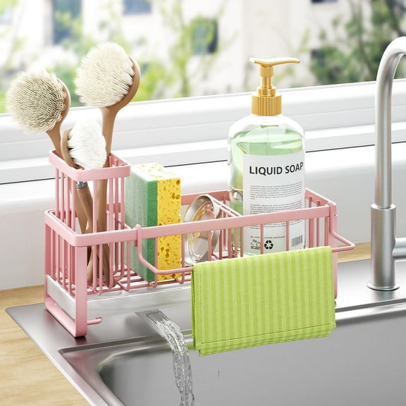 Stainless Steel Kitchen Sink Organizer Pink with Dishcloth Holder