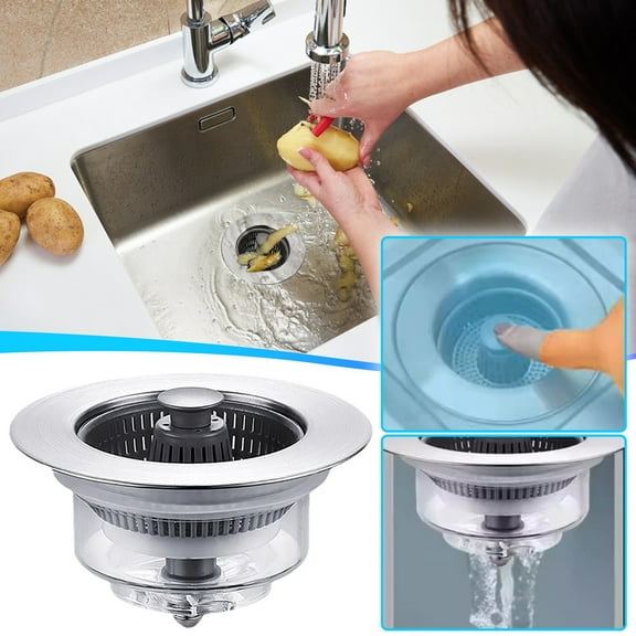 Stainless Steel Kitchen Sink Stopper | Transparent Rebound Core | Press-to-Seal Waterlock | Easy Clean Cartridge | Clog-Reducing Strainer | 1-Pack Replacement