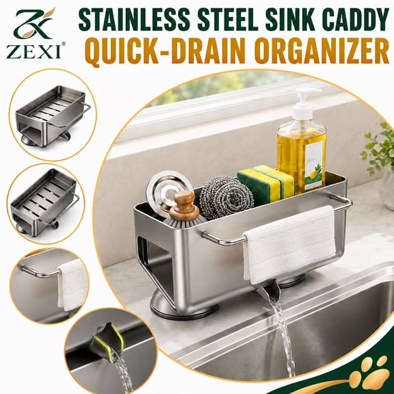 Stainless Steel Kitchen Sink Suction Cup Organizer, Sponge Holder with Drain, Kitchen Sink Caddy for Sponges, Brushes & Soap