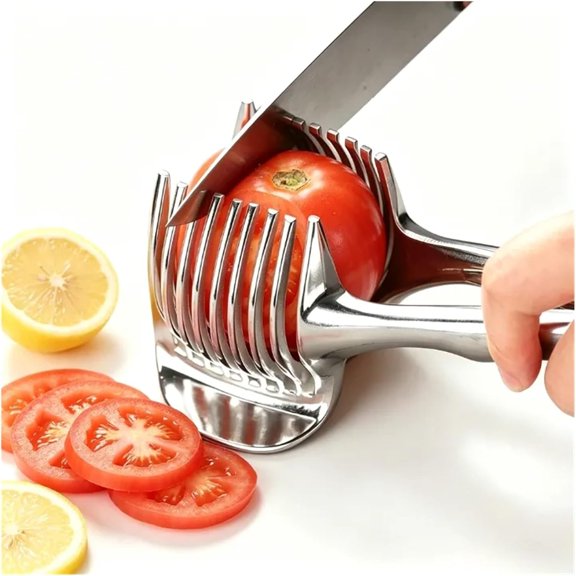 Stainless Steel Kitchen Slicing Guide, Uniform Fruit & Vegetable Cutter for Lemon Orange Tomato Onion, One-Hand Quick Slicing Tool, Rust-Proof Aluminum Alloy.