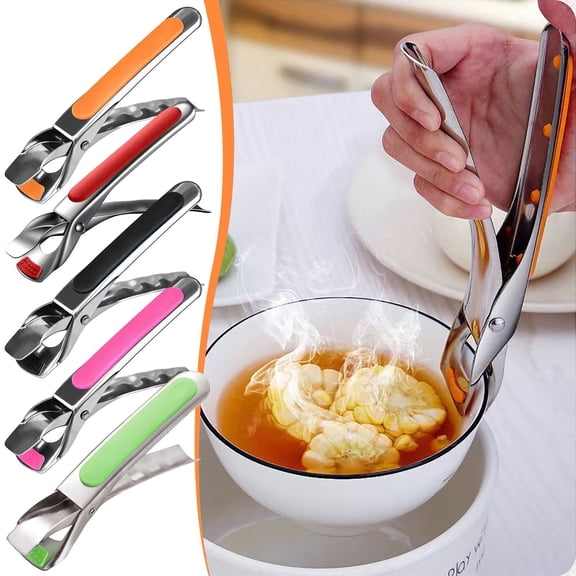 Stainless Steel Kitchen Tongs | 2-Pack Multifunctional Scalding Bowl & Plate Clips - Heat Resistant Dish Lifter with Ergonomic Anti-Slip Handle, Compact Space-Saving Design