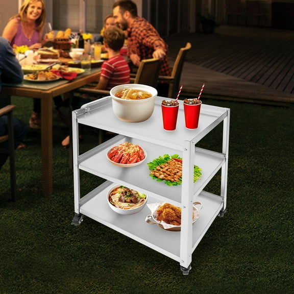 Stainless Steel Kitchen Trolley Cart with 3 Tiers, Convenient Handle, Raised Edges for Safe and Efficient Food Prep and Storage