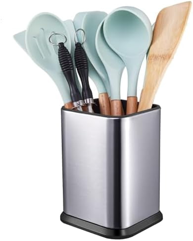 Stainless Steel Kitchen Utensil Holder for Countertop, Spoon Spatula Organizer,Modern Rectangular Large Cooking Utensil Caddy Counter,Utensil Crock Silver