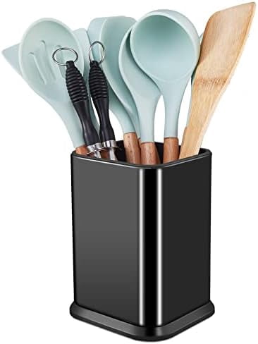 Stainless Steel Kitchen Utensil Holder for Countertop, Spoon Spatula Organizer,Modern Rectangular Large Cooking Utensil Caddy Counter,Utensil Crock (Stainless Steel Black)
