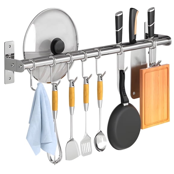 Stainless Steel Kitchen Utensil Rack, 20" Wall Mount Dual Rail Organizer with 8 Sliding Hooks, No Drill Adhesive or Screws, Heavy Duty Pot Pan Hanger
