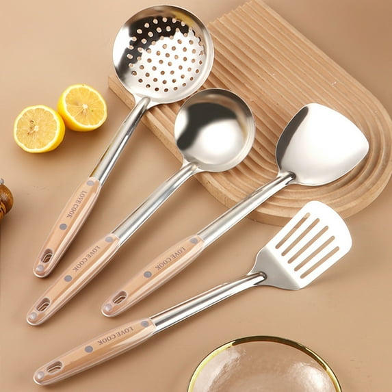 Stainless Steel Kitchen Utensil Set | 4 Piece Heavy Duty Cooking Tools – Spatula Turner Soup Spoon Strainer | Heat Resistant Ergonomic Faux Wood Handles | Durable Scratch Safe | 14.6" Length | Silver