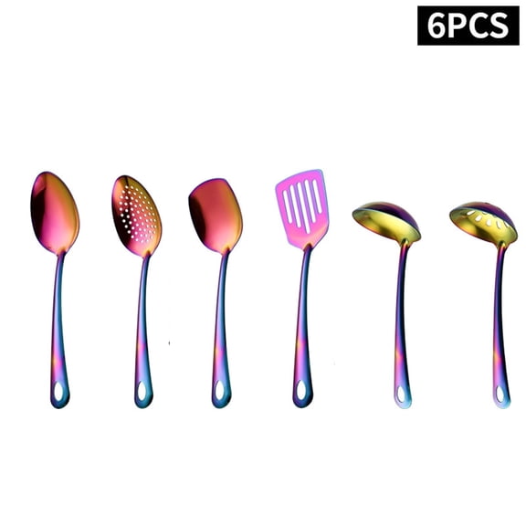 Stainless Steel Kitchen Utensil Set 6pcs Gold-Plated Long Metal Cooking Utensil Gadgets with Spatula, Ladle, Spoon, Skimmer(Rainbow)
