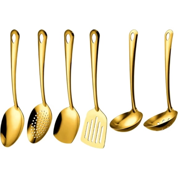 Stainless Steel Kitchen Utensil Set 6pcs Gold-Plated Long Metal Cooking Utensil Gadgets with Spatula, Ladle, Spoon, Skimmer(Golden)