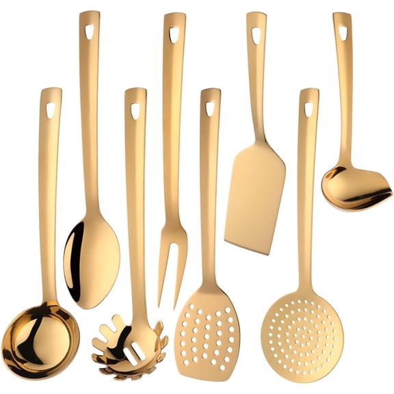 Stainless Steel Kitchen Utensil Set -8 Cooking Utensils, Colorful Titanium Plated Set Kitchen Tools Gadgets Cake Shovels/Plain Spatula, Masher, Spoon, Slotted Spoon-