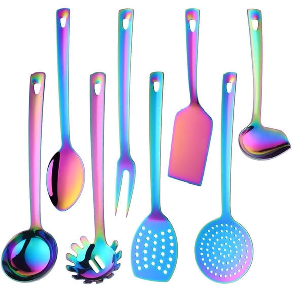 Stainless Steel Kitchen Utensil Set -8 Cooking Utensils, Colorful Titanium Plated Set Kitchen Tools Gadgets Cake Shovels/Plain Spatula,  Masher, Spoon, Slotted Spoon-Rainbow Color