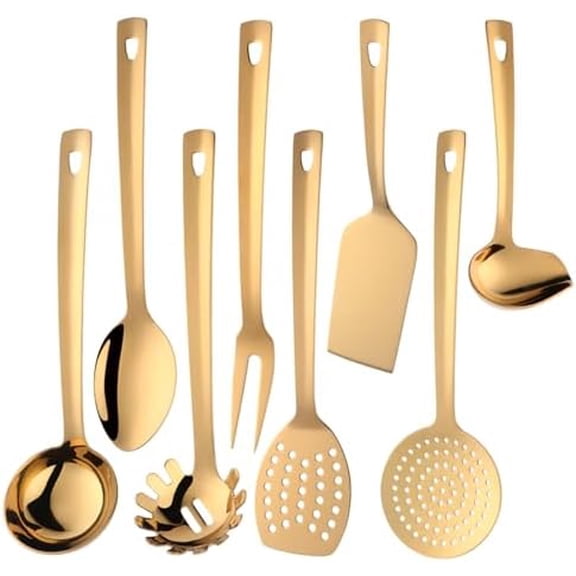 Stainless Steel Kitchen Utensil Set -8 Cooking Utensils, Colorful Titanium Plated Set Kitchen Tools Gadgets Cake Shovels/Plain Spatula, Potato Masher, Spoon, Slotted Spoon-Gold