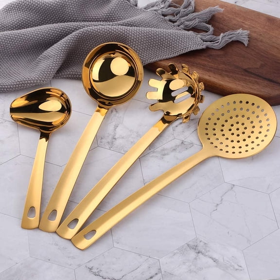 Stainless Steel Kitchen Utensil Set - 8 Piece Gold Plated Cooking Tools with Ergonomic Handles for Home & Restaurant