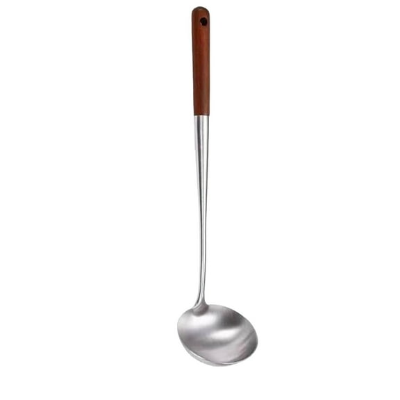 Stainless Steel Kitchen Utensil Set Long Wooden Handle Spatula Spoon for Home Cooking Frying Heat Resistant Hanging Ring Dishwasher Safe 430 Grade Steel, A Cooking Utensil