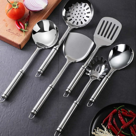 Stainless Steel Kitchen Utensil Set | Non-Scratch Cooking Tools | Long Handle Spatula Wok Turner Skimmer | Durable Non-Reactive | Eco-Friendly | 4 Piece Set