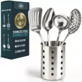 thumbnail image 1 of Stainless Steel Kitchen Utensil Set with Holder, 5-Piece Heat Resistant Kitchen Tools Set, Includes Ladle, Skimmer & Serving Spoon, Nonstick Cookware, 1 of 7