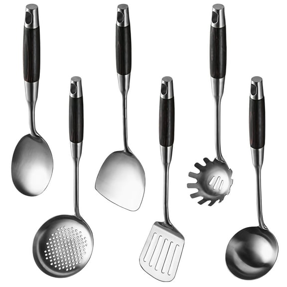 Stainless Steel Kitchen Utensils, 6-Piece Utensil Set, Black Ebony Wood Handles, Nonstick Cooking Spoons, Suitable for Various Cooktops