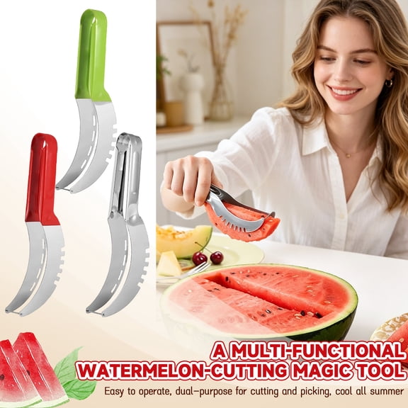 Stainless Steel Kitchen Utensils, 8 Inch Watermelon Fork Slicer Cutter, Heavy Duty Fruit Slicer Vegetable Cutter, Light Gray Water Melon Slicer Cutter, Smooth Curved Blade Design
