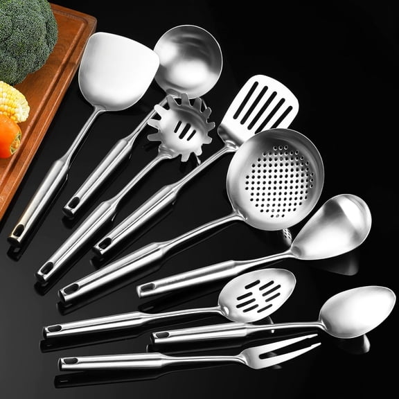 Stainless Steel Kitchen Utensils, 9 PCS Metal Cooking Utensils Set 15", Solid and Slotted Spoon, Fork, Spatula, Ladle, Skimmer, Slotted Spatula Tunner, Spaghetti Large Spoon