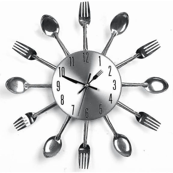 Stainless Steel Kitchen Utensils Clock For Kitchen Indoor Outdoor Kitchen Cutlery Silver Wall Clock With Tinted Forks Spoons