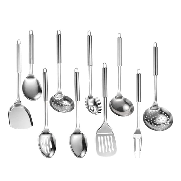 Stainless Steel Kitchen Utensils Set, 10PC Cooking Tools with Ergonomic Tubular Handles, Heat Resistant Spatula, Ladle, Strainer & Meat Fork, Silver
