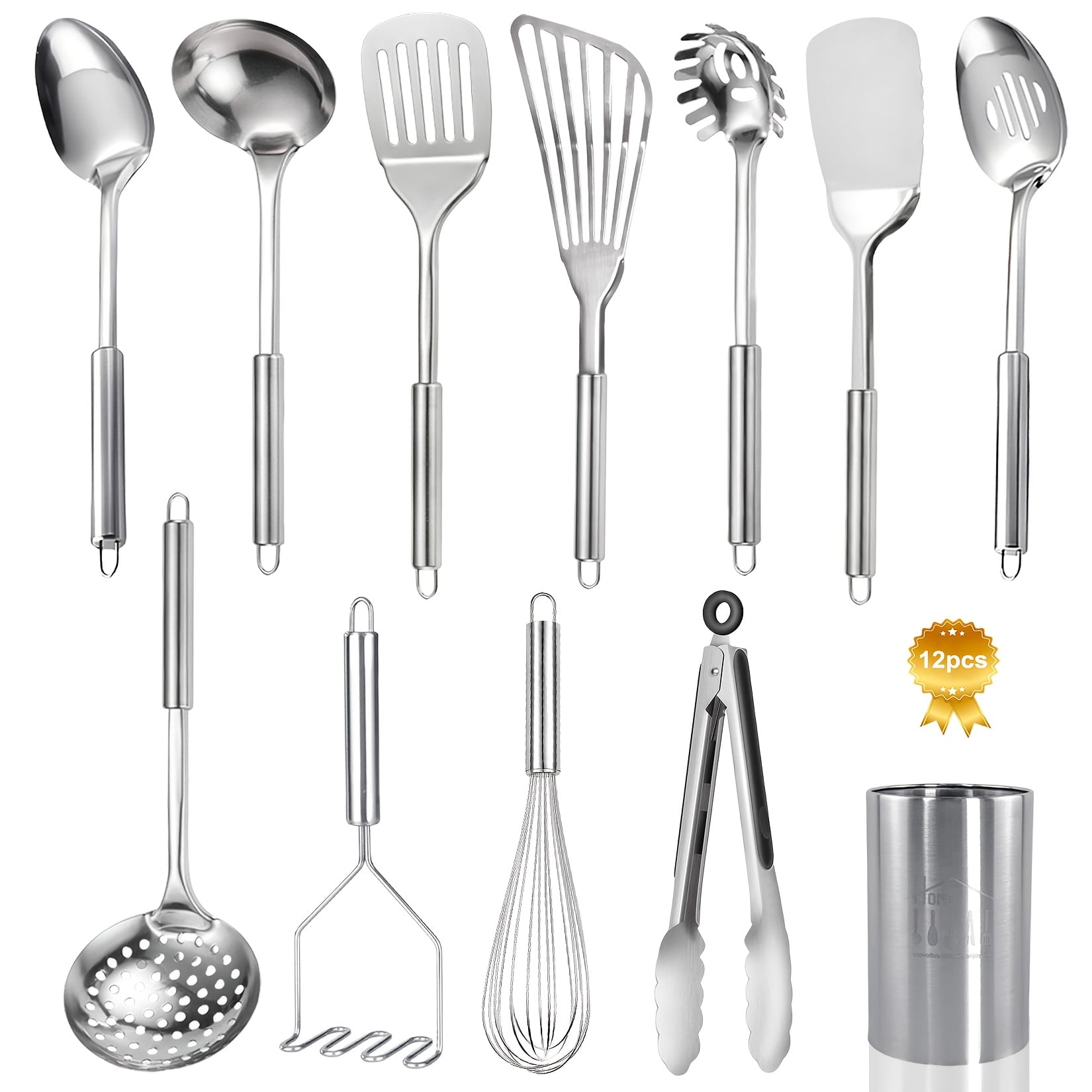 Stainless Steel Kitchen Utensils Set-12pcs, Cooking Utensils Set with Holder, Heat Resistant Metal Spatula Set Utensils Set for Cooking with Turners, Potato Masher, Skimmer, Spoons, Tongs, Whisk