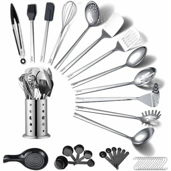 Stainless Steel Kitchen Utensils Set 40 Pieces, Cooking Utensil Set with Utensils Holder, Kitchen Gadgets Kitchen Essentials New Home, House, Appartment Must Have, Metal Spatula Set