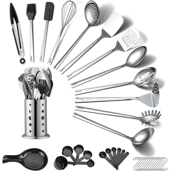 Stainless Steel Kitchen Utensils Set 40 Pieces, Cooking Utensil Set with Utensils Holder, Kitchen Gadgets Kitchen Essentials New Home, House, Appartment Must Have, Metal Spatula Set