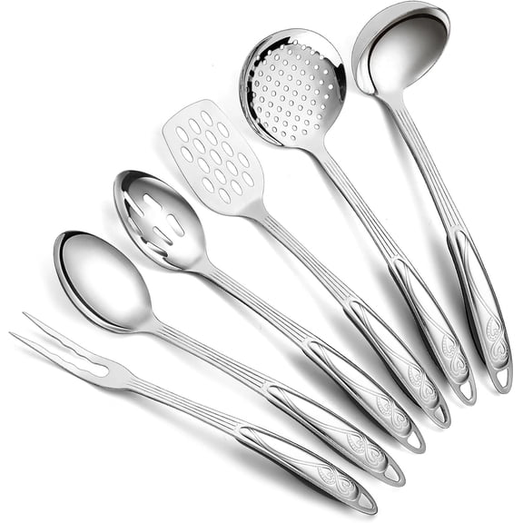 Stainless Steel Kitchen Utensils Set 6 count, Cooking Utensil Sets, Kitchen Gadgets Essentials Include Metal Spatula Set, Skimmer, Ladle, Serving Spoon, Slotted Spoon, Carving Fork