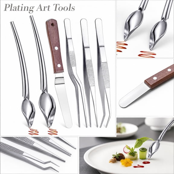 Stainless Steel Kitchen Utensils Set, Spoons Set, Cooking Tweezers Stainless Steel, Kitchen Tools and Gadgets, Multi-Function 6-Piece Prep Kit Including Precision Plating Drawing