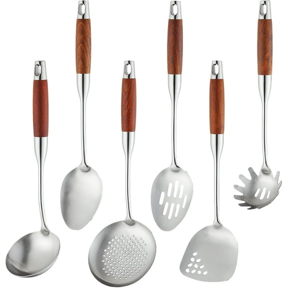 Stainless Steel Kitchen Utensils Set with Wood Handle, 18/10 Metal Cooking Utensils Set, 6-Piece - Spatula, Spoon, Ladle, Skimmer, Slotted Spoon, Pasta Server (Dishwasher Safe)