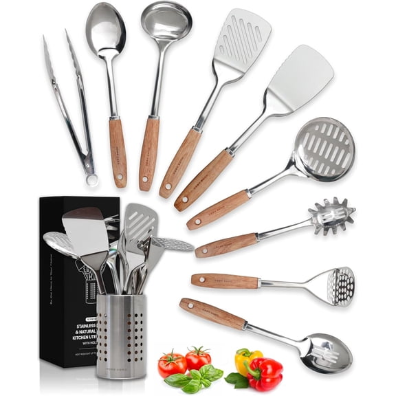 Stainless Steel Kitchen Utensils Set - Wood Handle Nonstick Stainless Steel Cooking Utensils Set - Heat Resistant Kitchen Essentials & Metal Kitchen Gadgets (Silver & Wood)