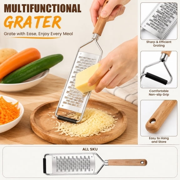 Stainless Steel Kitchen Utensils, Zester Grater with Handle, Parmesan Cheese Grater, Cheese Grater Handheld, 13X3 Inch 304 Stainless Steel Coarse Square Shredder, Multi-Functional