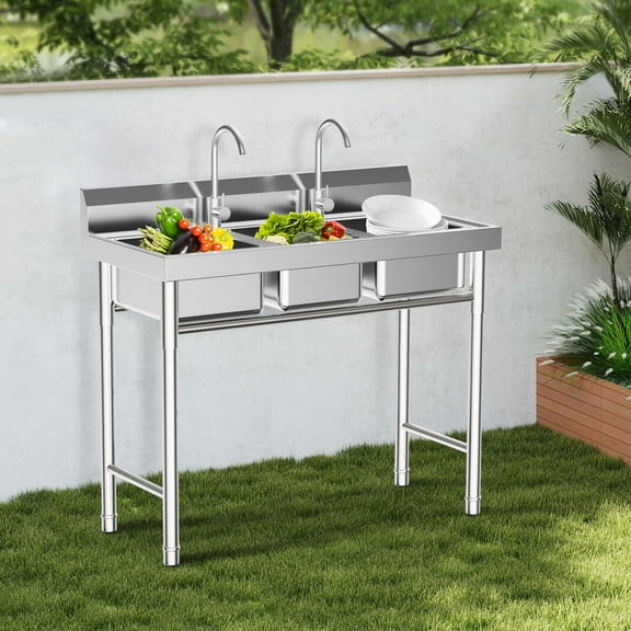 Stainless Steel Kitchen/Utility Sink with 2 Faucets, 3-Bowl Freestanding Workstation for Home, Garage, Basement, Commercial Use, Heavy-Duty 304 SS, Complete Set with Drain Pipes