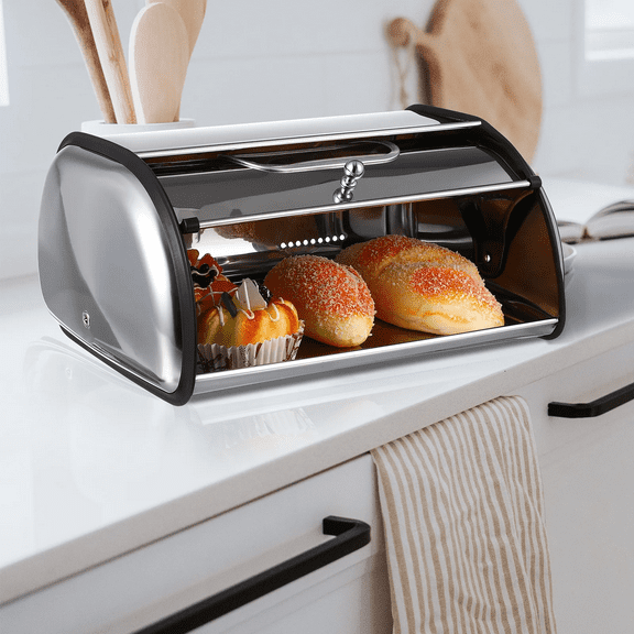 Stainless Steel Kitchen Window Cover: Drum-Shaped Bread Storage Box – Sleek Finish for Pantry Organization and Countertop Display