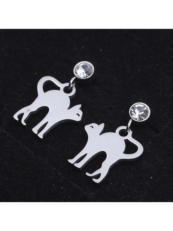 Stainless Steel Kitten Dangle Stud Earrings Simulated Zircon Stretching Cat Silver Push Back Z376