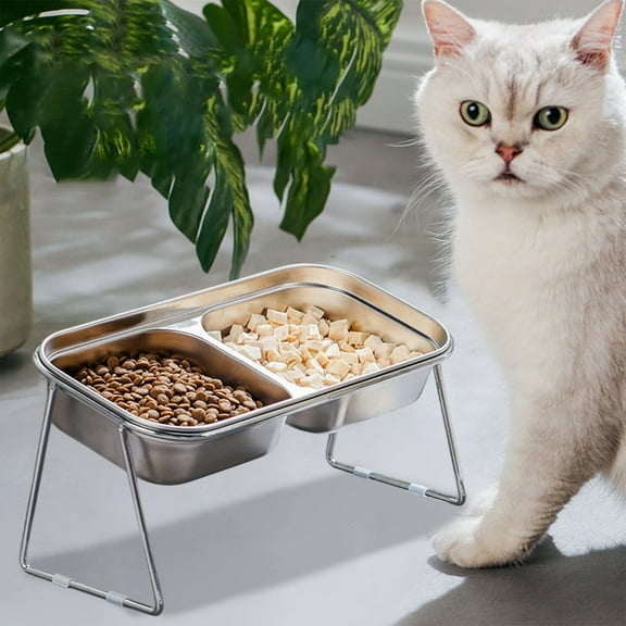 Stainless Steel Kitty Bowl, Dog Cat Food Water Bowl, Integrated Food and Water Bowl, Non-Skid Anti-Tip Bowl, Neck Protection Pet Bowl, Tilted Design Pet Feeder