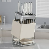 Stainless Steel Knife Block Organizer, 24.5x16x12cm Black/White, Multi-Slot for Countertop & Wall Mounted Kitchen Use