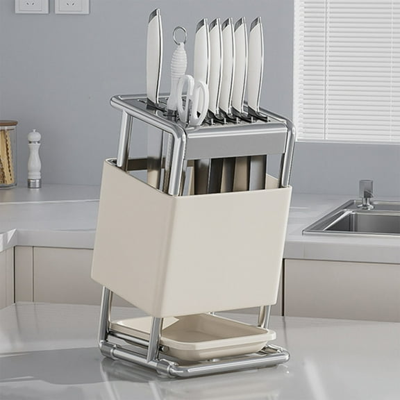 Stainless Steel Knife Block Organizer, 24.5x16x12cm Black/White, Multi-Slot for Countertop & Wall Mounted Kitchen Use
