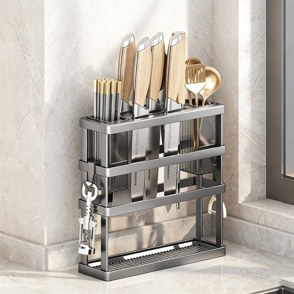 Stainless Steel Knife Block with Lid Holder and Utensil Organizer, All-in-One Countertop Cutlery Storage Rack with Removable Drip Tray