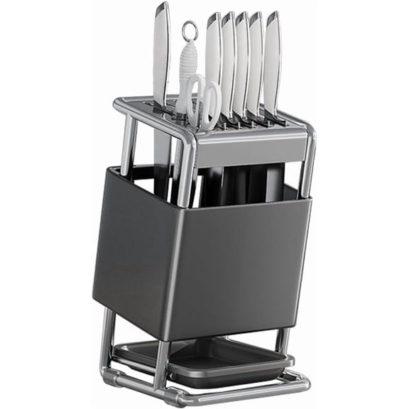 Stainless Steel Knife Block without Knives, Knife Storage with 9 Slot, Universal Knife Holder with Removable Drip Tray, Butcher Block Knife Stand for Easy Kitchen Storage