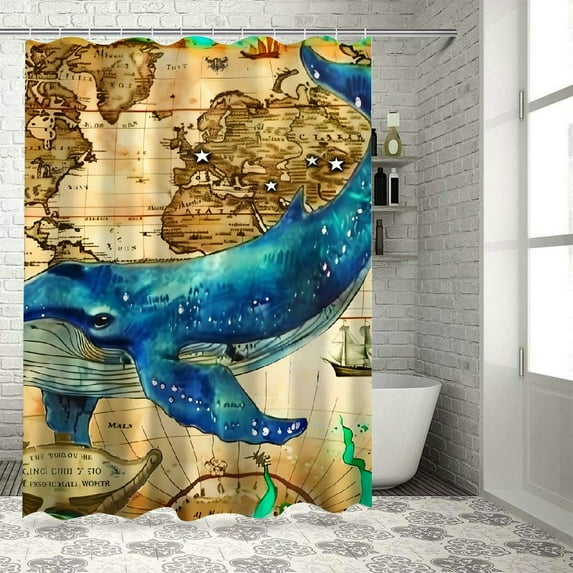 Orinice Whale Ship Map Bathroom Decor Set with Hooks, Colorful Luxurious Graphic Print Polyester Fabric Shower Curtain for Home Bathroom Decoration 36x72