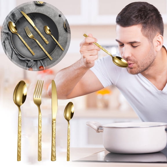 Stainless Steel Knife Fork Spoon Set of 4 | Western Tableware with Stone Grain Handle | Food Grade Flatware for Dining | Home Kitchen Restaurant Cutlery Set | 4 Piece Flatware Set for Adults