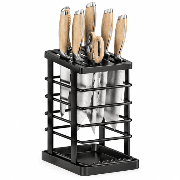 Stainless Steel Knife Holder Block with Drain Tray Countertop Kitchen Knife Organizer, Universal Knife Stand for Chef Knives & Scissors, Durable Alternative to Magnetic Strips