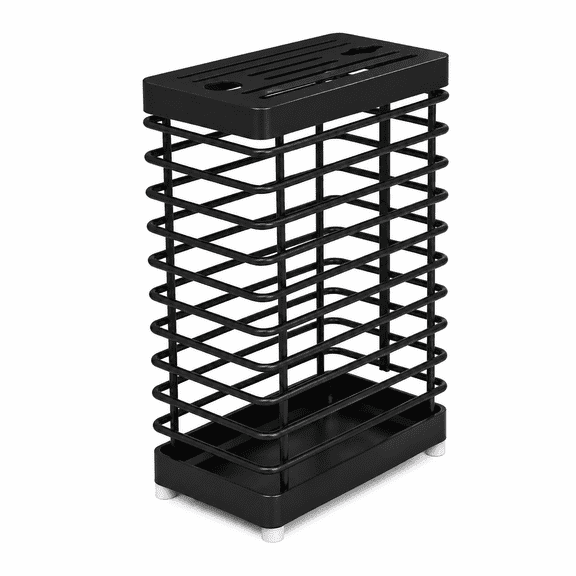Stainless Steel Knife Rack, Black Countertop Kitchen Knife Holder with Drip Tray for Utensil Storage and Drying, 9.45 x 6.10 In