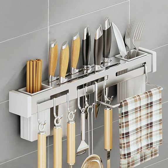 Stainless Steel Knife Rack, Wall Mounted No Drill Installation Organizer for Kitchen Knives and Utensils, Multifunctional Storage with Adhesive, Space Saving Tool Holder