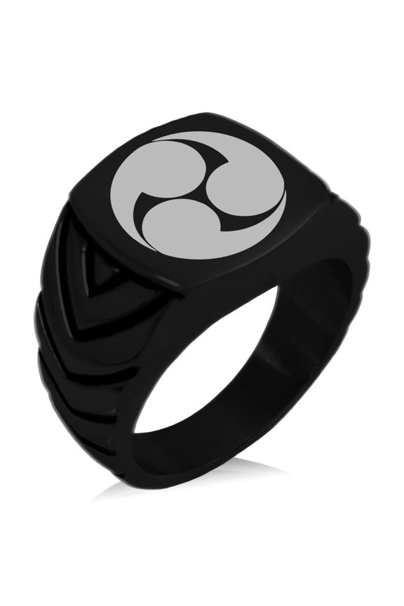 Stainless Steel Kobayakawa Samurai Crest Chevron Pattern Biker Style Polished Ring