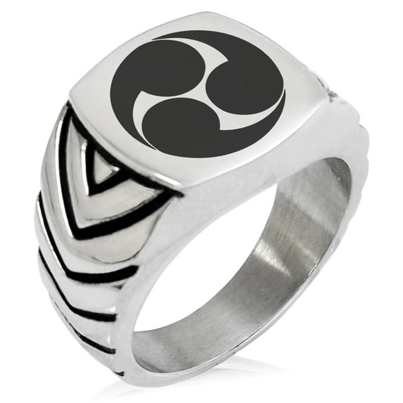 Stainless Steel Kobayakawa Samurai Crest Chevron Pattern Biker Style Polished Ring