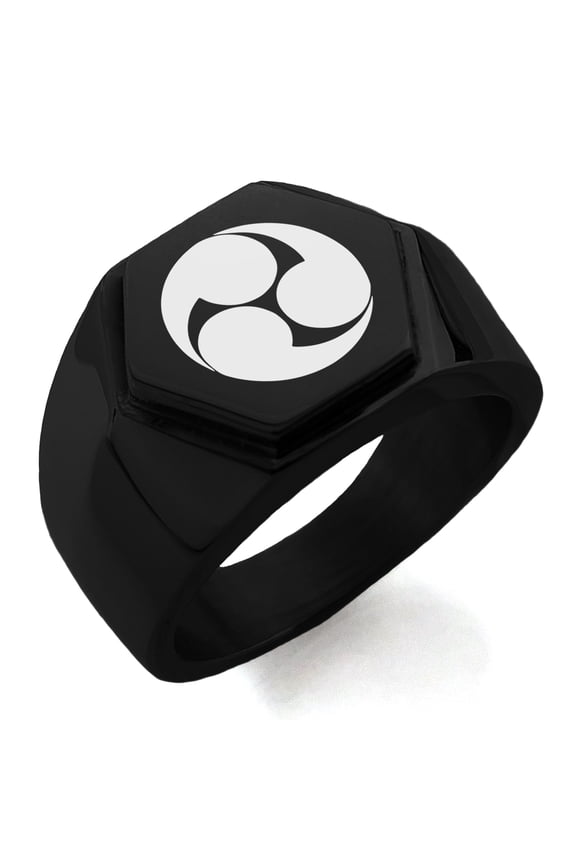 Stainless Steel Kobayakawa Samurai Crest Engraved Hexagon Crest Flat Top Biker Style Polished Ring