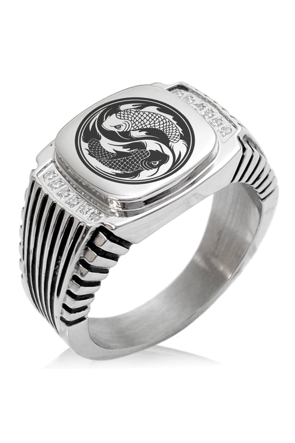 Stainless Steel Koi Fish Yin Yang CZ Ribbed Needle Stripe Pattern Biker Style Polished Ring